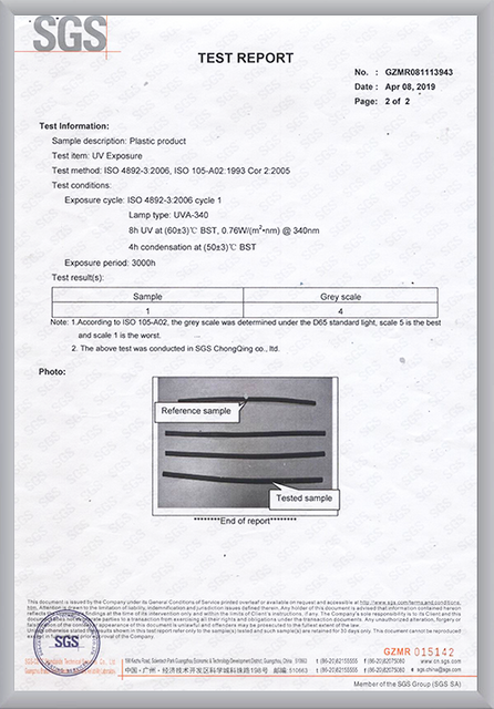 SGS Test Report – Plastic Product UV Exposure Test