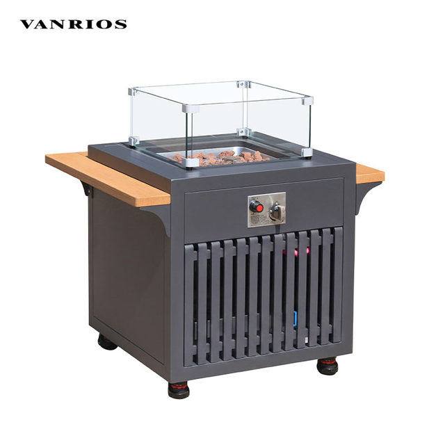 Commercial Outdoor Aluminum Frame Gas Patio Heater with Side Table and 360 Degree Visible Flames Firepit FP-04