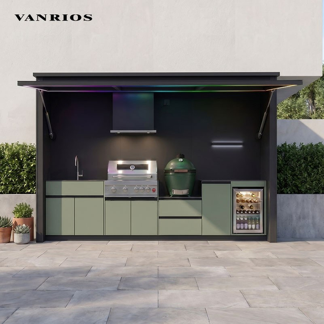 Commercial Modular Outdoor BBQ Pod with Integrated Fridge Sink and Gas Grill Cabinet