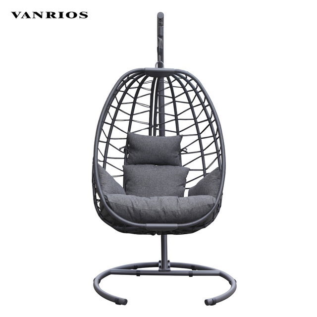 Handmade Olifen Rope Hanging Egg Swing Chair Weatherproof Metal Frame Patio Hammock Single Swing with Stand HB-06