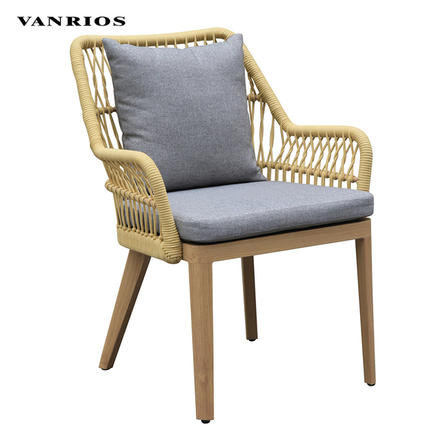 Low-Maintenance Olefin Rope Garden Dining Chair Heavy-Duty Aluminum Frame Cafe Patio Armchair MB4119