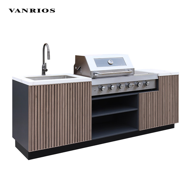 VANRIOS KC-04 Prefabricated Aluminum Outdoor Kitchen Island with Gas Grill and Fridge