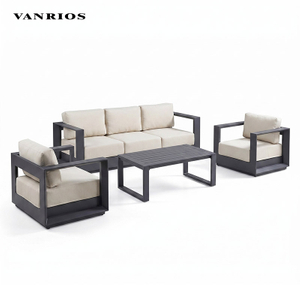 Weather-Resistant Aluminum Patio Sofa Set with Hand-Brushed Wood Grain Finish and Sintered Stone Coffee Table