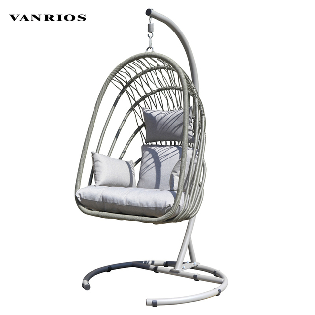 Space Saving Foldable Flat Pack Handwoven Olefin Rope Steel Frame Outdoor Patio Egg Hanging Swing Chair Commercial HB-04